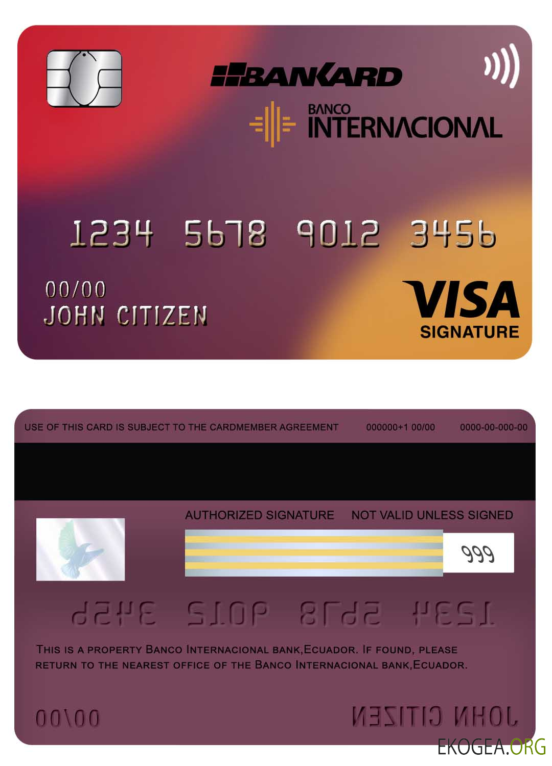 Écran de carte de signature de visa bancaire Banco Internacional de l'Équateur